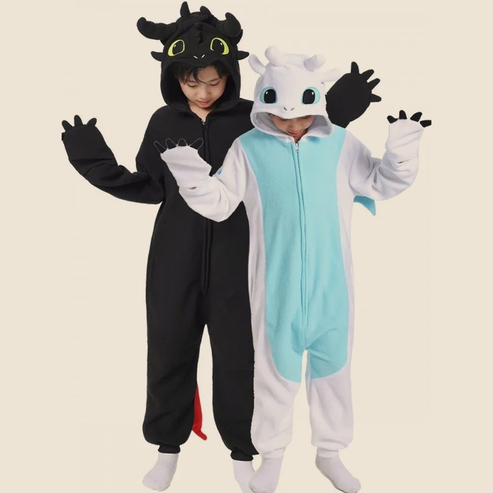Adult and kids Comfy Dragon onesies side by side